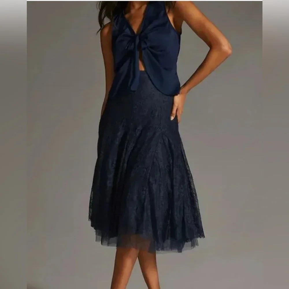 NWT Anthropologie Navy Blue Tulle Midi Skirt Flowy Flared Layered Mesh Size L